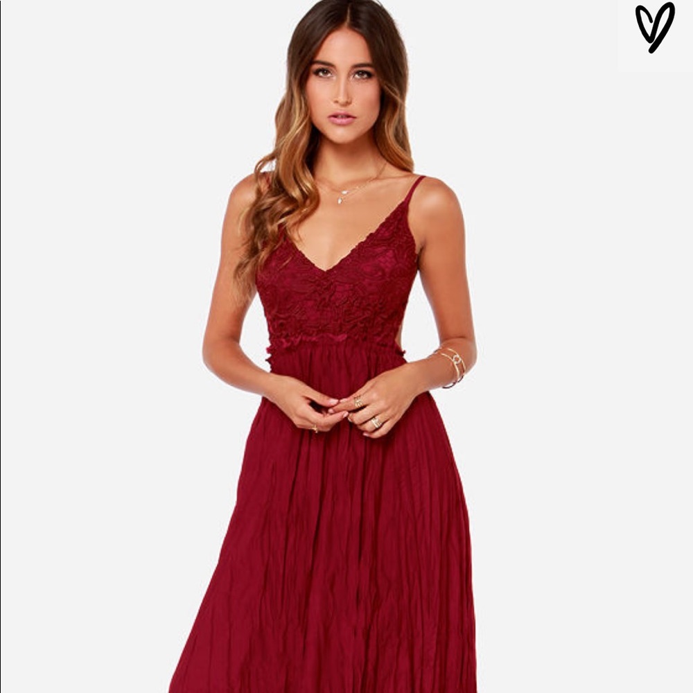 Lulus snowy meadow wine red crocheted maxi dress